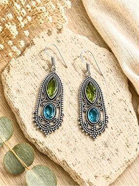 Blue Topaz & Peridot 2.2” Silver Dangle Earrings